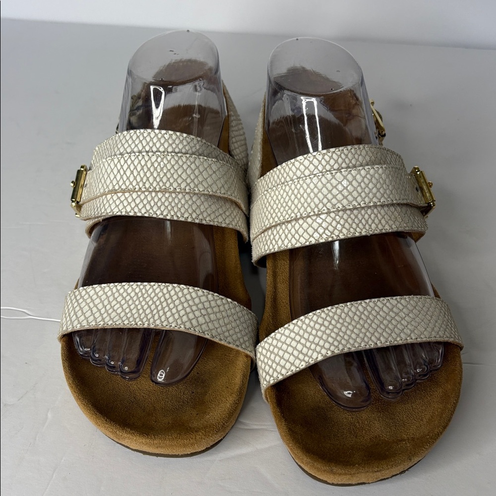 Vionic "Snakeskin" Leather Backstrap Sandals Cream/Beige - Picture 3 of 11